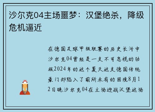 沙尔克04主场噩梦：汉堡绝杀，降级危机逼近