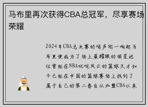 马布里再次获得CBA总冠军，尽享赛场荣耀