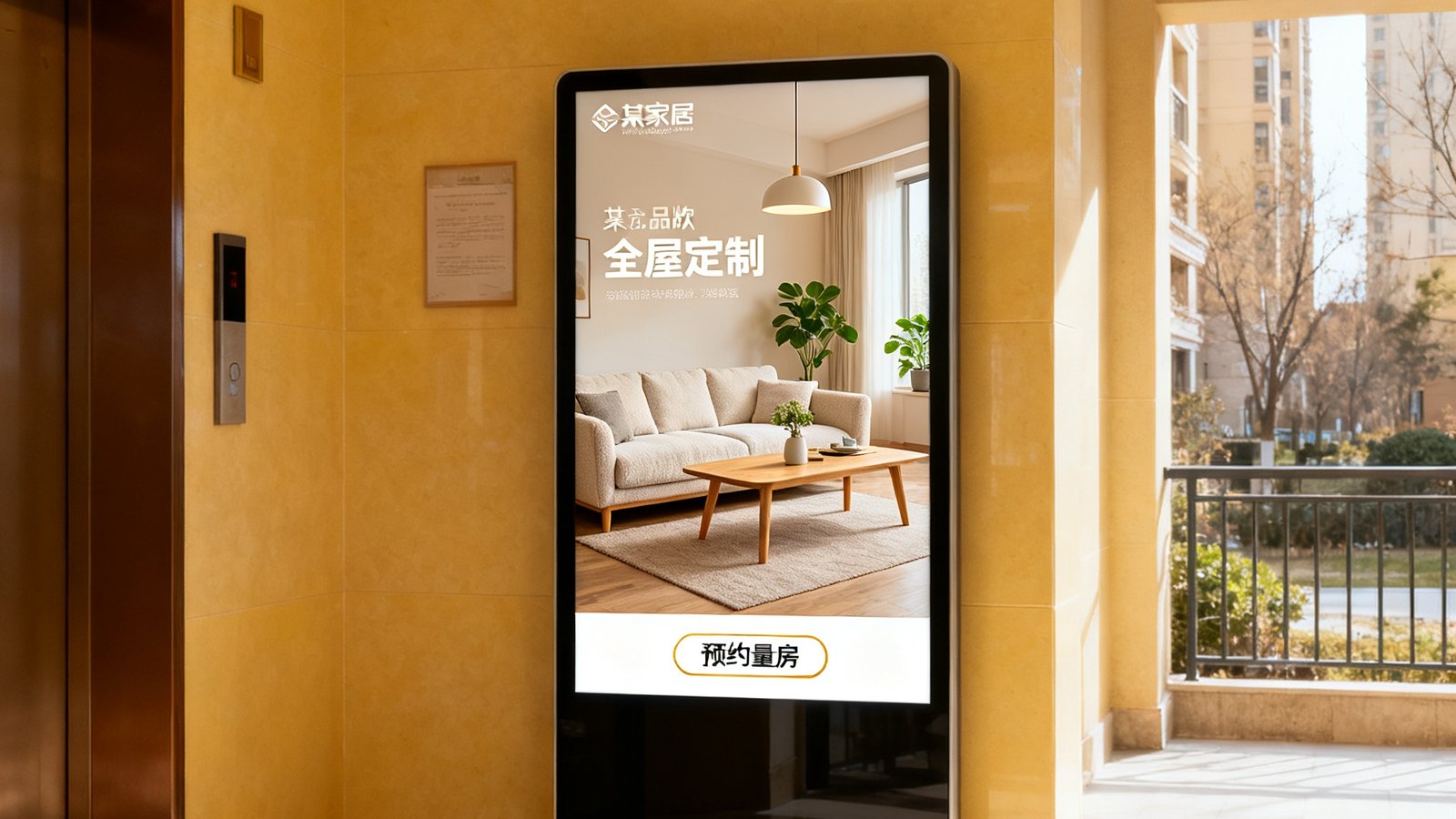 北京朝阳区某中高端住宅小区单元门厅，BG视讯社区公告屏展示某家居品牌的全屋定制广告，画面温馨展示北欧风格客厅实景，下方有预约量房按钮引导