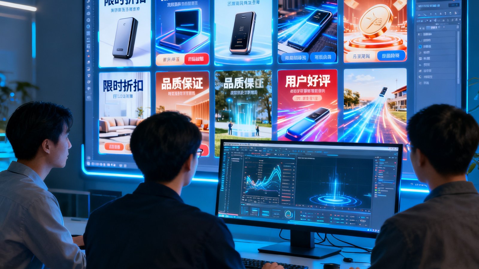 BG视讯技术团队正在开发基于大语言模型的智能广告内容生成系统，电脑屏幕上展示AI实时生成的多版广告文案与画面变体